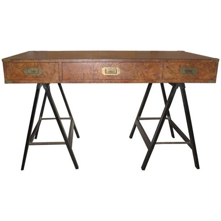 Mid Century Burl Wood Campaign Desk For Sale At 1stdibs Within Blue And White Wood Campaign Desks (View 13 of 15)