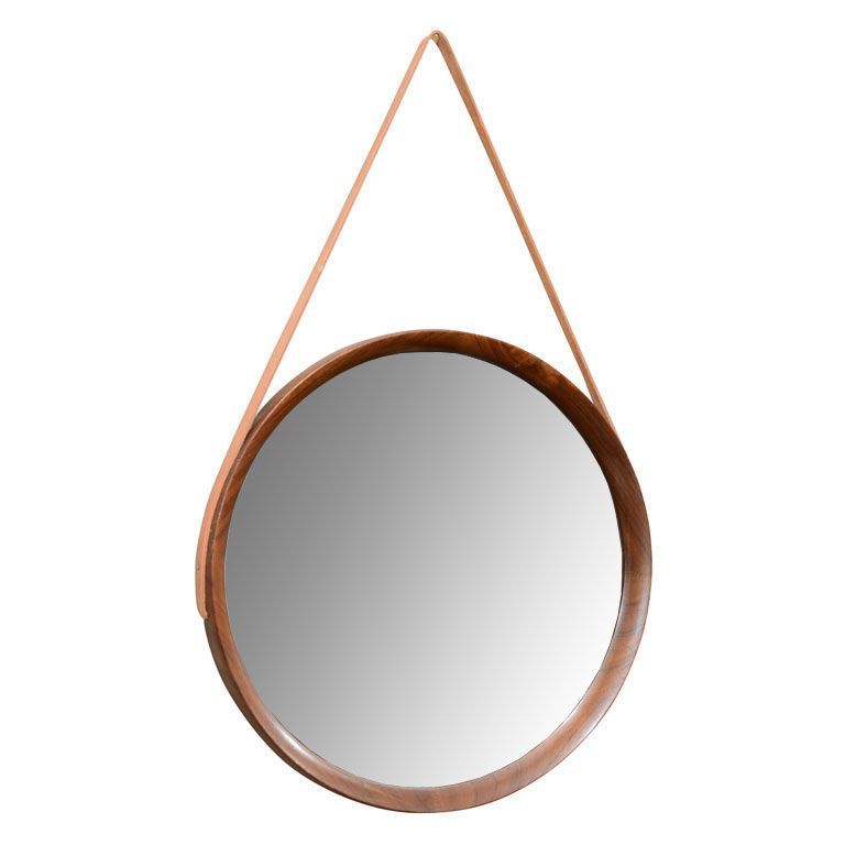 Mid Century Danish Modern Teak Wall Mirror With Leather Strap | Mirrors With Regard To Black Leather Strap Wall Mirrors (Photo 1 of 15)
