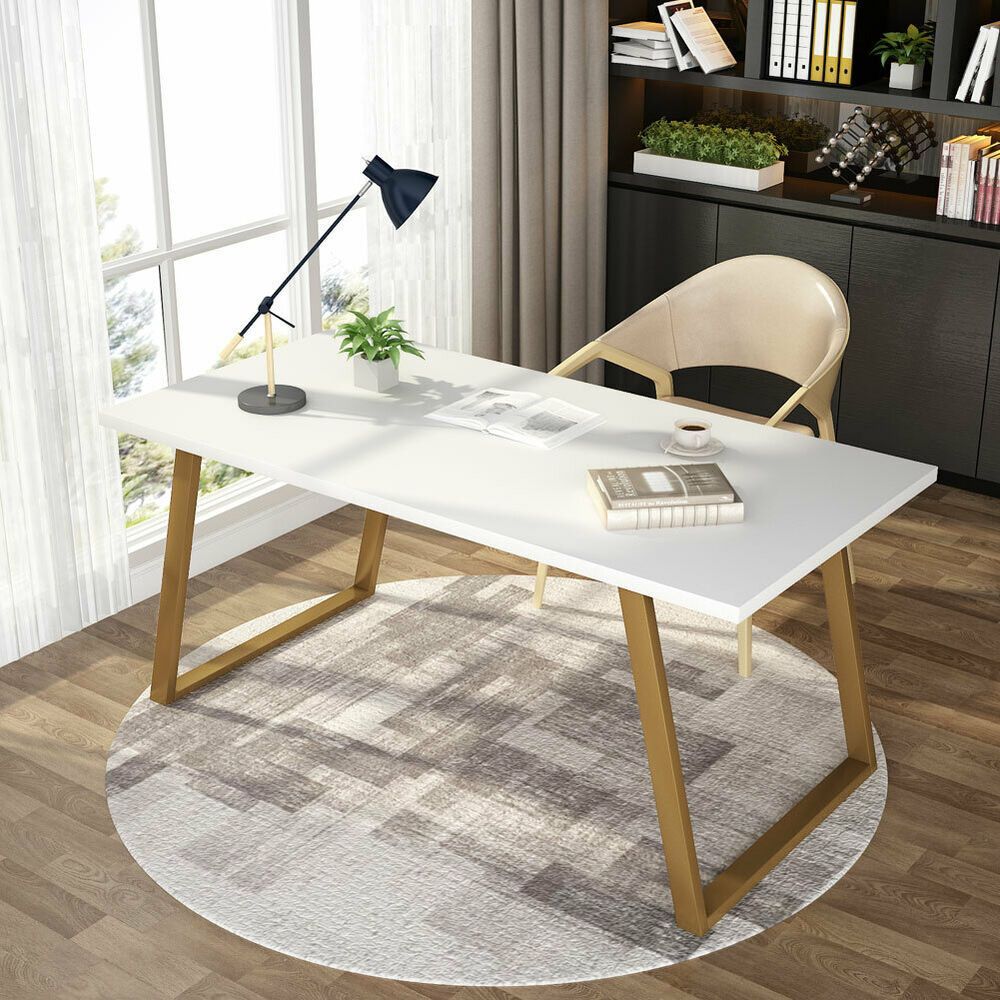 Minimalist 55''l Writing Desk With Slanted Gold Metal Frame White Regarding Gold And Wood Glam Modern Writing Desks (View 2 of 15)