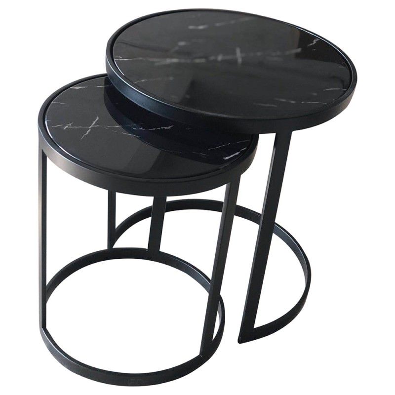 Mirabello 2 Piece Faux Marble Topped Metal Round Nesting Side Table Set With Marble And Black Metal Writing Tables (Photo 10 of 15)