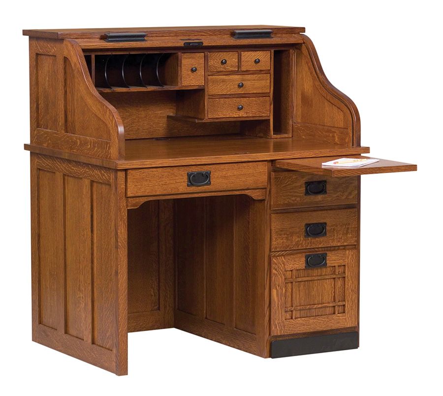Mission Single Pedestal Roll Top Desk In Office | Amish Furniture Within Hickory Wood 5 Drawer Pedestal Desks (View 5 of 15)