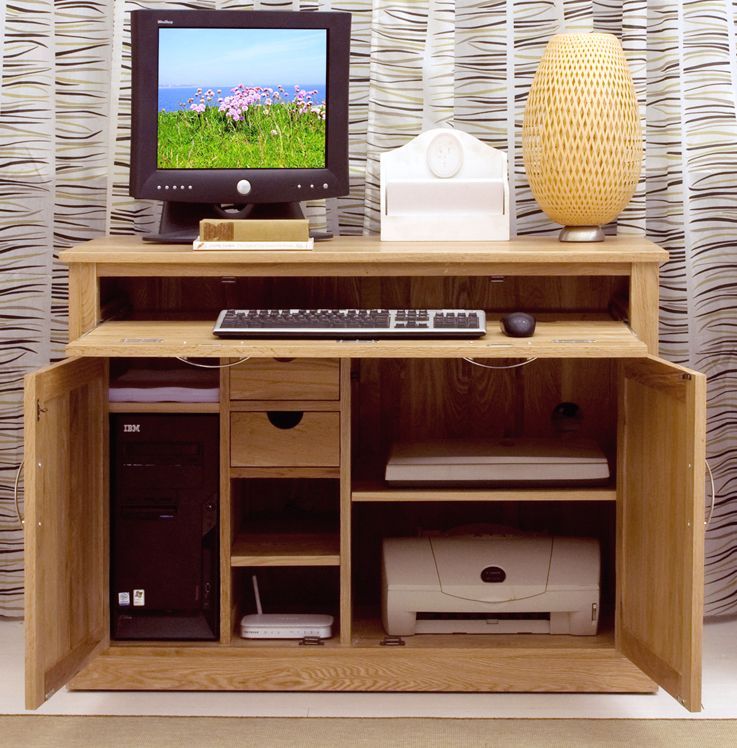 Mobel Solid Oak Office Furniture Hideaway Computer Desk And Filing Intended For Computer Desks With Filing Cabinet (View 12 of 15)