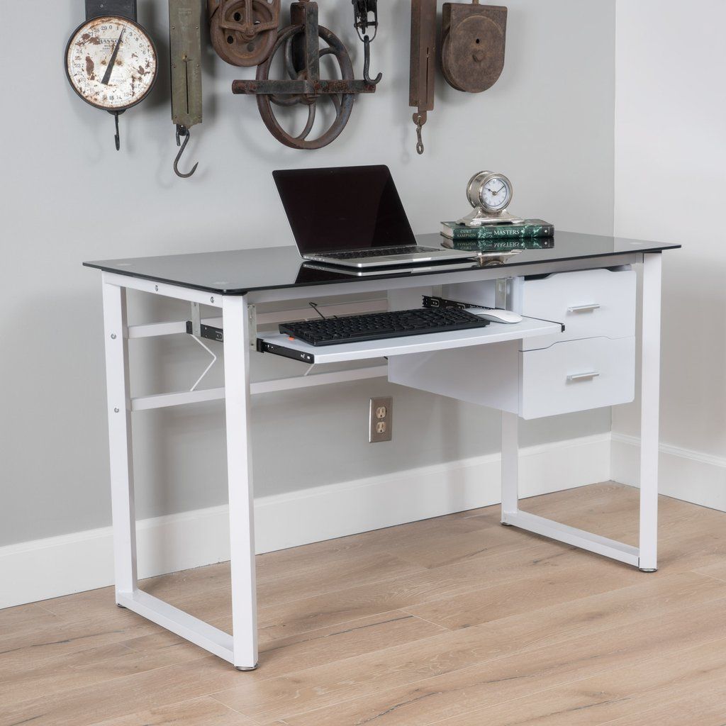 Modern Black And White Iron Office Desk With Tempered Glass Top | Glass Pertaining To Glass White Wood And Walnut Metal Office Desks (Photo 14 of 15)