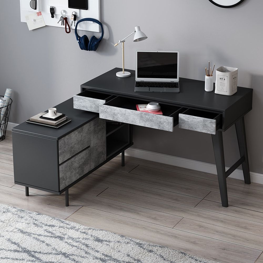 Modern Black L Shaped Desk With Drawers & Storage Rotatable Cabinet Intended For Executive Desks With Dual Storage (View 11 of 15)