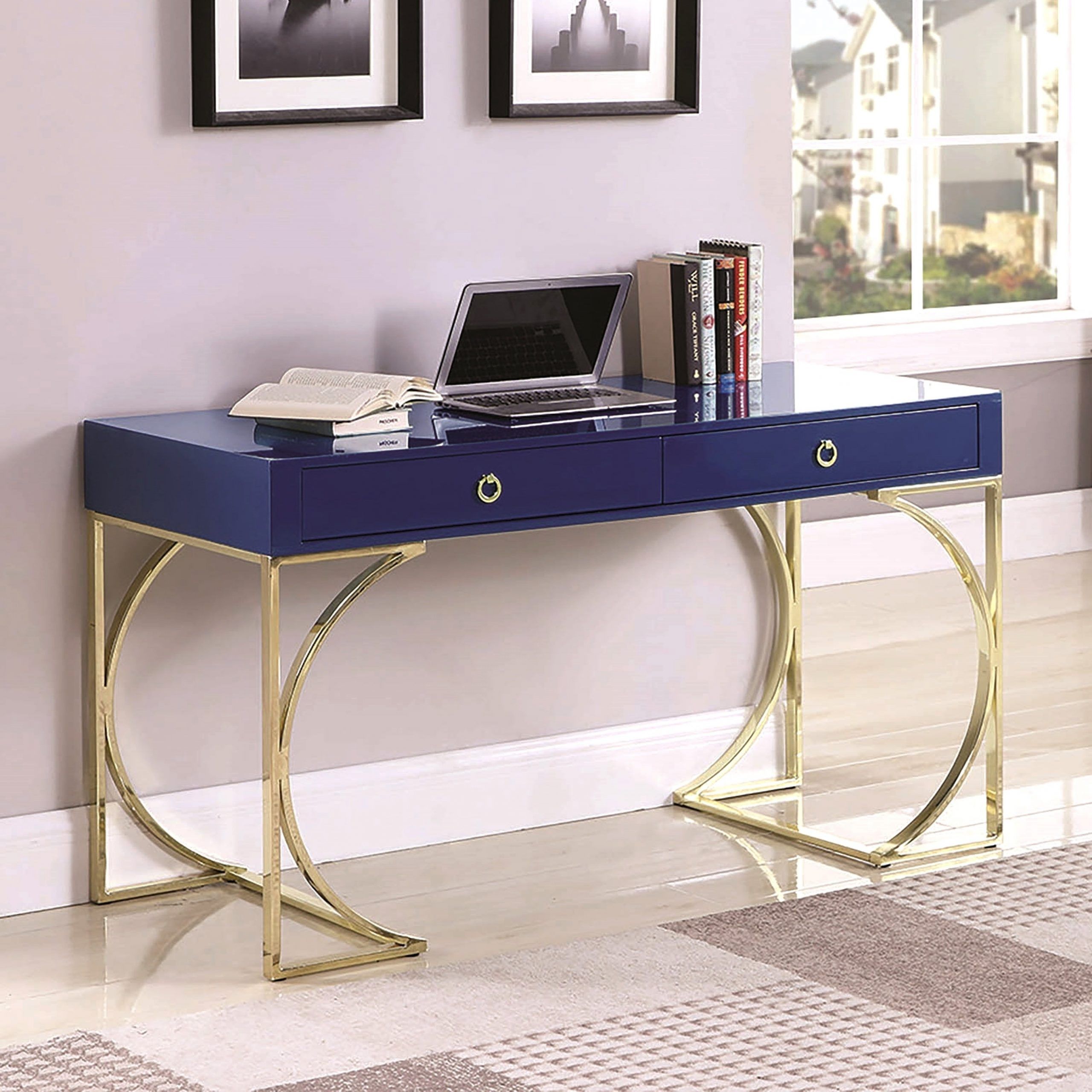 Modern Design Blue Home Office Computer Writing Desk With Brass Legs For Gold And Blue Writing Desks (View 1 of 15)