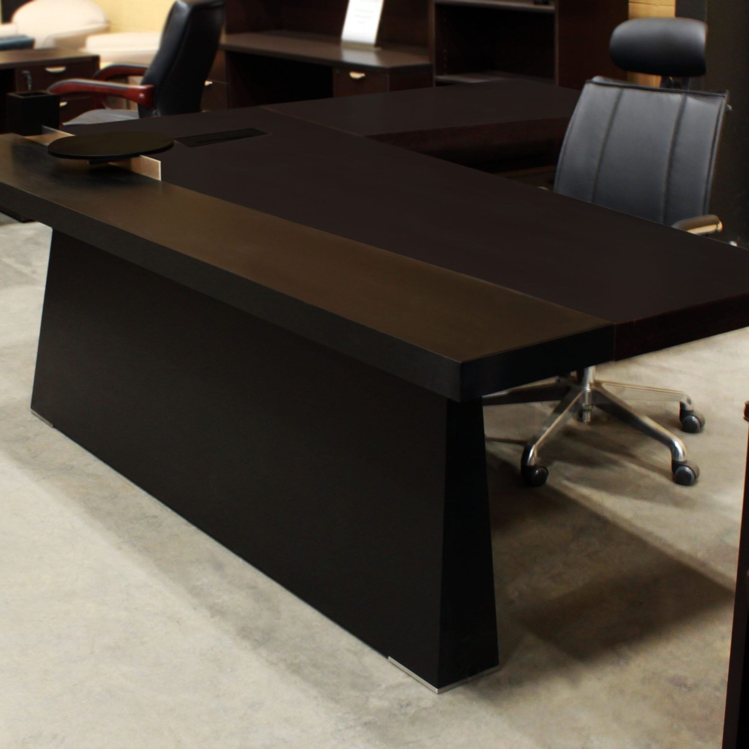 Modern Executive L Shape Desk Right Return, Dark Walnut Wood – National In Glass Walnut Wood And Black Metal Office Desks (Photo 15 of 15)