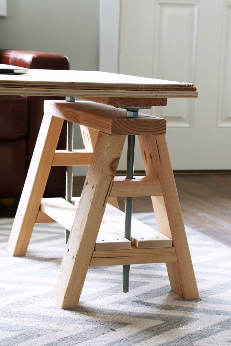 Modern Indsutrial Adjustable Sawhorse Desk To Coffee Table | Ana White Inside Espresso Wood Adjustable Reading Tables (View 11 of 15)