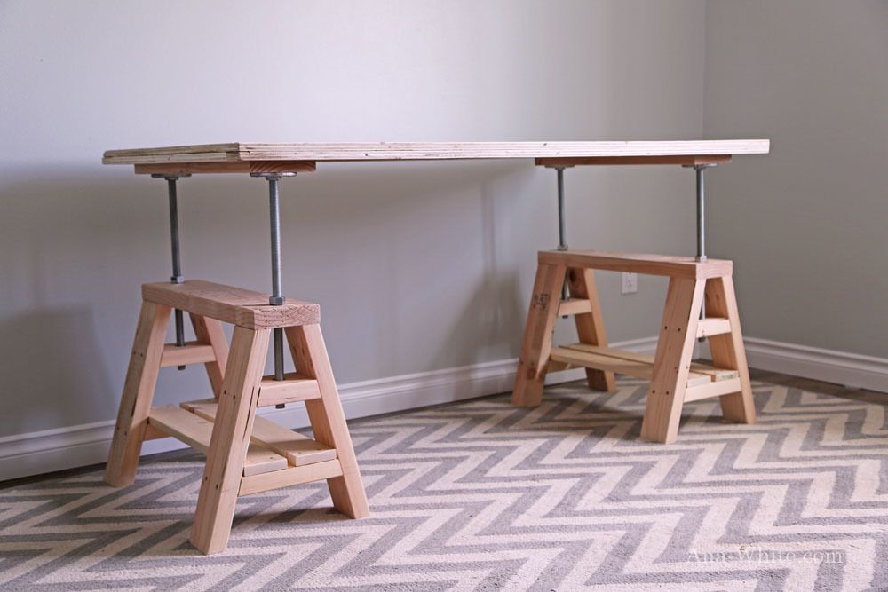 Modern Indsutrial Adjustable Sawhorse Desk To Coffee Table | Ana White Inside Espresso Wood Adjustable Reading Tables (View 7 of 15)
