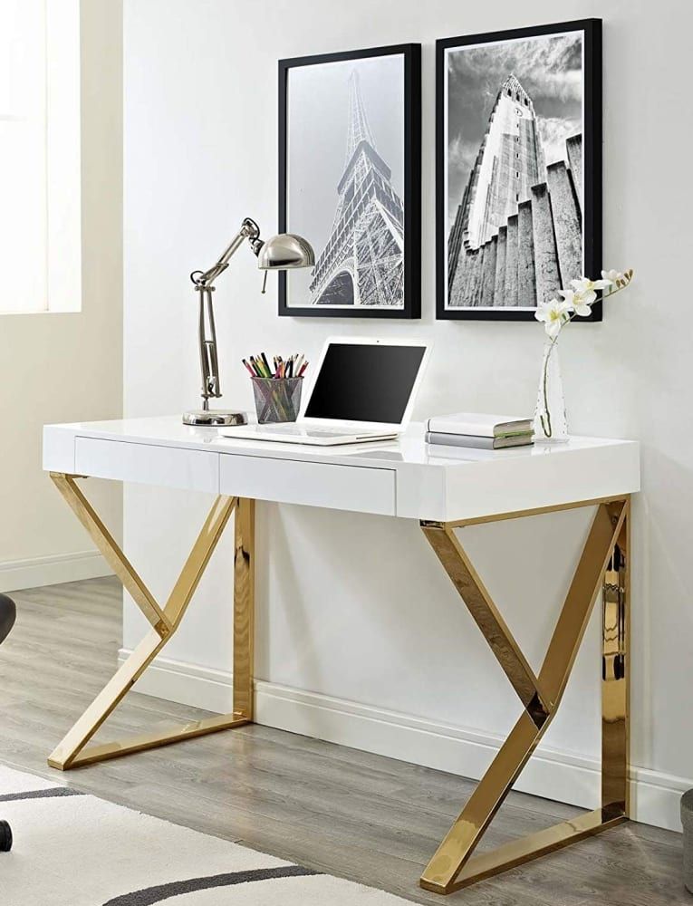 Modern Office Desk With Metallic Legs In White Gold – 7 Gadgets Throughout White Modern Nested Office Desks (View 8 of 15)