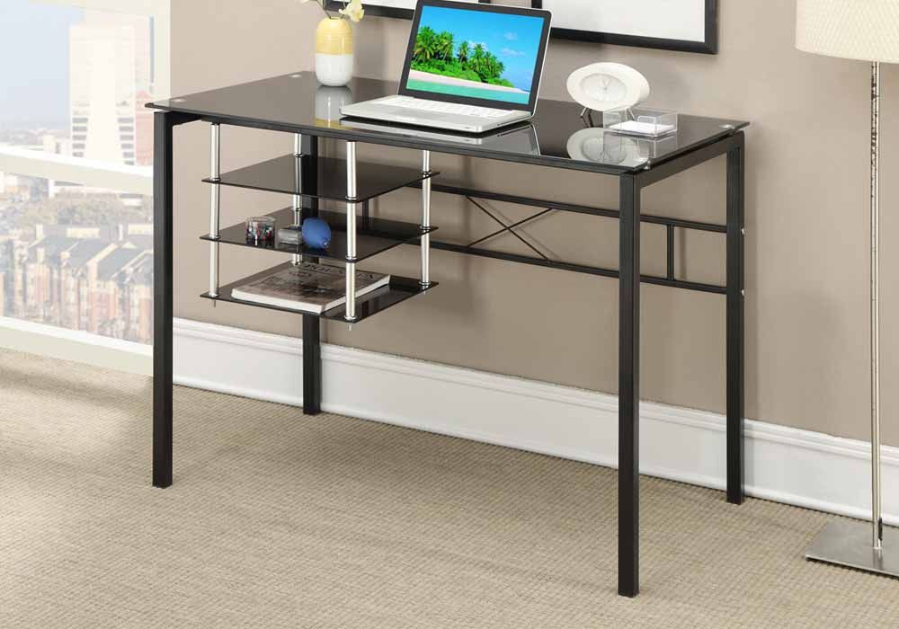 Modern Simple Black Computer Writing Office Desk 3 Shelves Storage Within Glass Walnut Wood And Black Metal Office Desks (Photo 5 of 15)