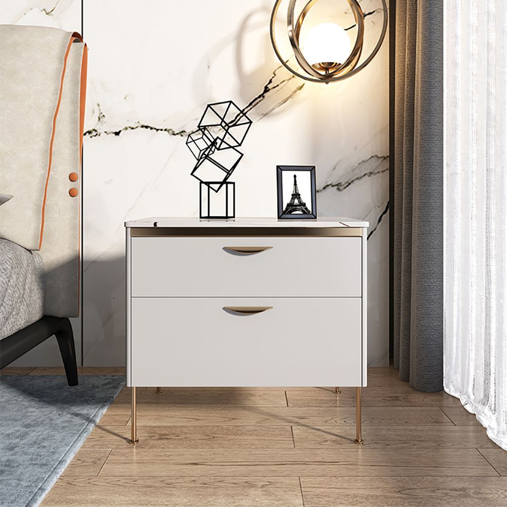 Modern White Nightstand Luxury Stone Top 2 Drawer Lacquered Bedside Table For White Lacquer 2 Drawer Desks (View 1 of 15)