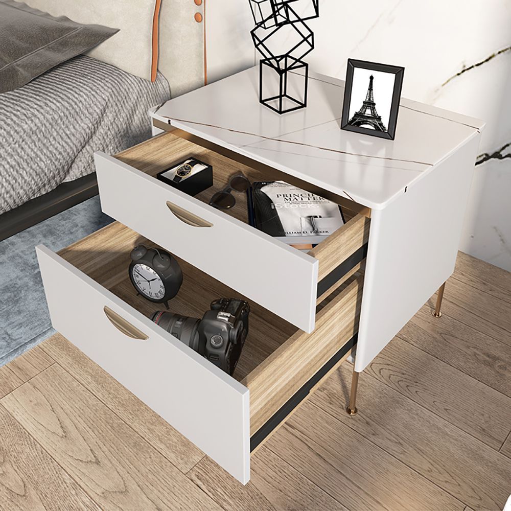 Modern White Nightstand Luxury Stone Top 2 Drawer Lacquered Bedside Table Regarding White Lacquer 2 Drawer Desks (View 3 of 15)