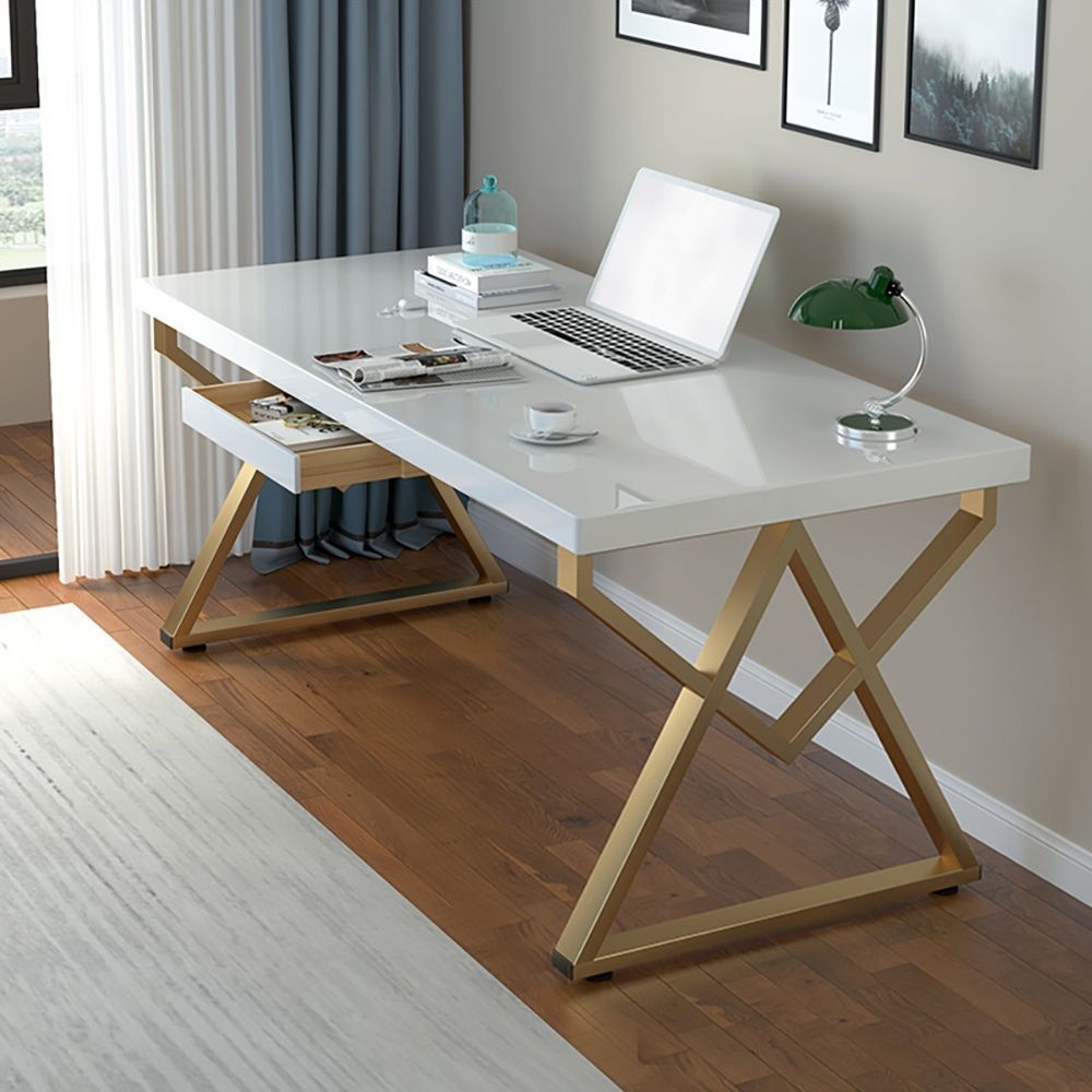 Modern White Writing Desk In Solid Wood & Metal Home Office Desk Pertaining To Off White Floating Office Desks (View 2 of 15)