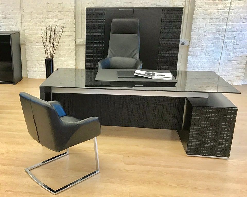 Modi Luxury Black Glass Executive Desks With Rectangular Or L  Shaped With Metal And Glass Work Station Desks (View 8 of 15)