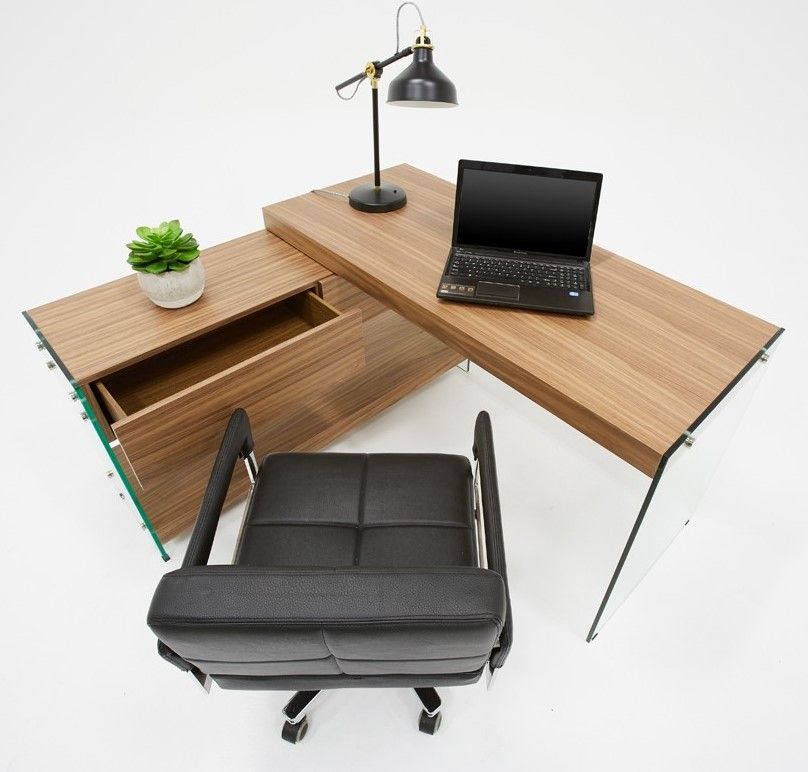 Modrest Laxson Walnut Wood/clear Glass Corner Deskvig Furniture With Glass White Wood And Walnut Metal Office Desks (Photo 11 of 15)