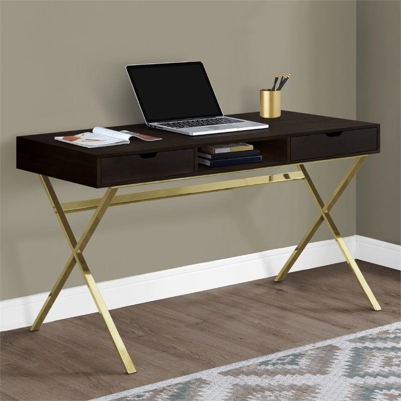 Monarch 48" Modern Compact Writing Desk In Cappuccino And Gold – I 7210 Pertaining To Gold And Pink Writing Desks (View 7 of 15)