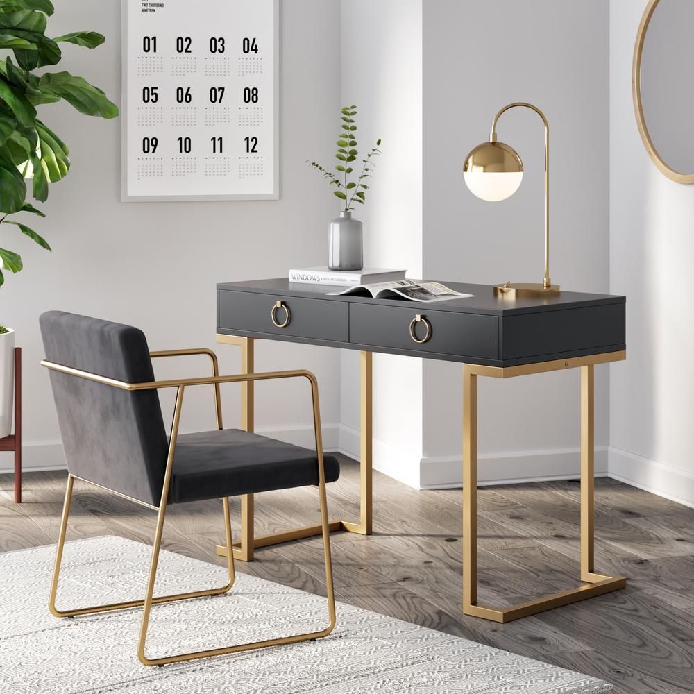 Nathan James Leighton Black 2 Drawer Writing Desk With Gold Accent Within Gold And Blue Writing Desks (View 6 of 15)