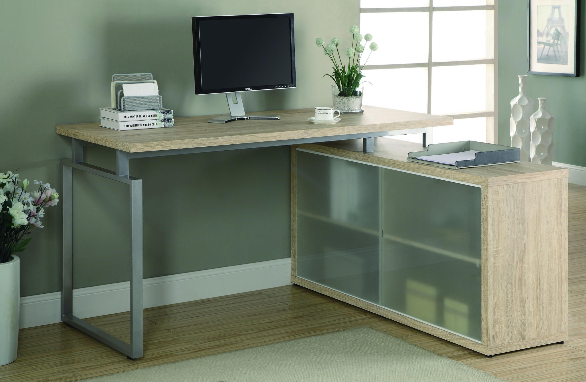 Natural Reclaimed Look "l" Shaped Desk With Frosted Glass | L Shaped Inside Aluminum And Frosted Glass Desks (Photo 7 of 15)