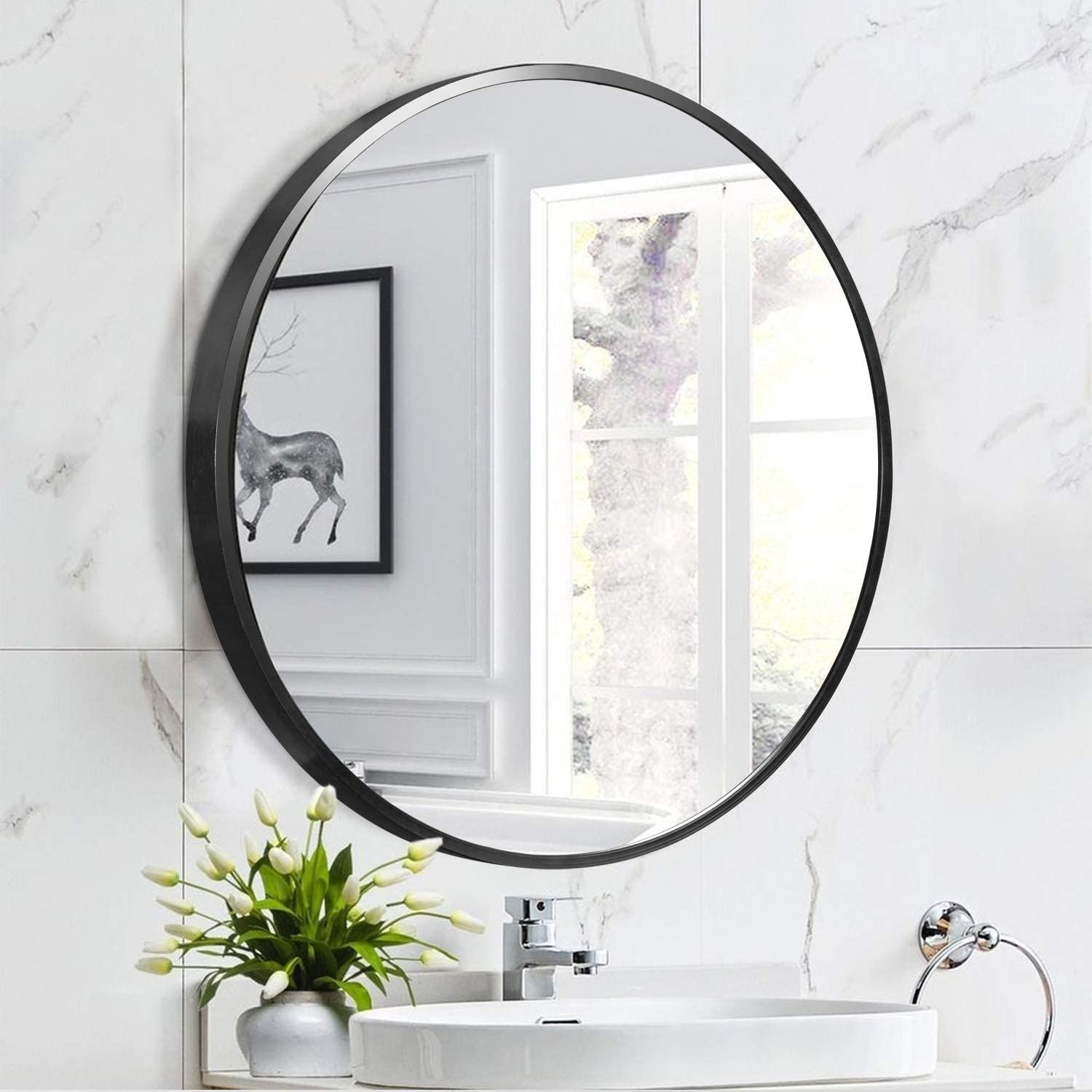 Neutype 28" Black Round Wall Mirror, Modern Aluminum Alloy Frame Accent Throughout Reba Accent Wall Mirrors (Photo 8 of 15)