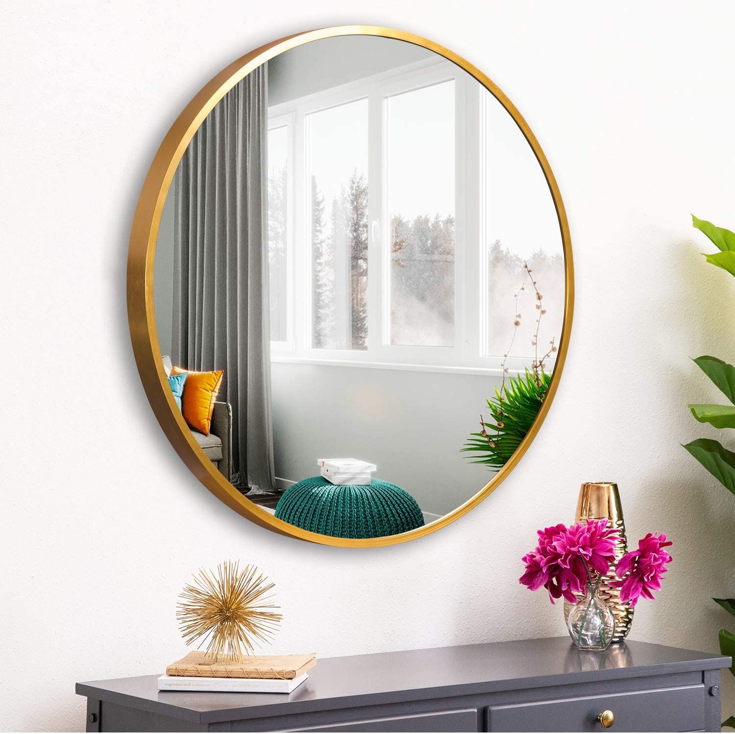 Neutype 28" Gold Round Wall Mirror, Modern Aluminum Alloy Frame Accent In Bracelet Traditional Accent Mirrors (View 6 of 15)