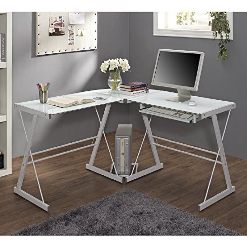 New 51" Corner Writing Computer Office Desk – White Metal & Tempered Inside Tempered Glass And Gold Metal Office Desks (Photo 4 of 15)