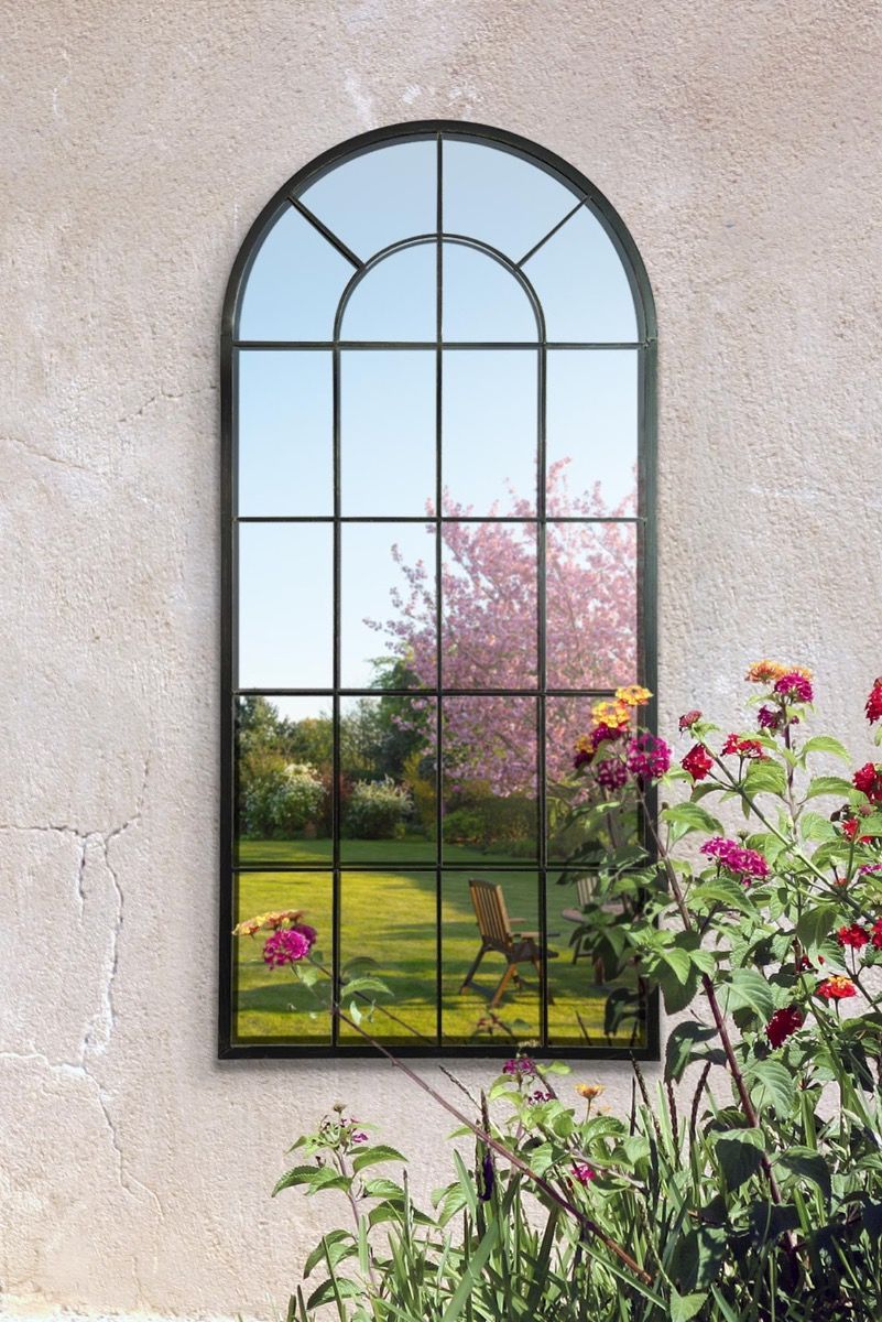 New Black Multi Panelled Arched Window Garden Outdoor Mirror 4ft7 X Regarding Metal Arch Window Wall Mirrors (View 7 of 15)
