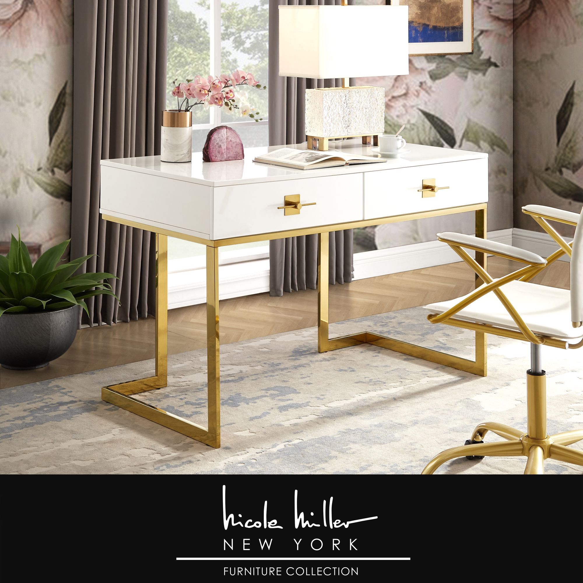 Nicole Miller Meli Writing Desk 2 Drawers Hight Gloss Lacquer Finish With Gold And Pink Writing Desks (View 3 of 15)