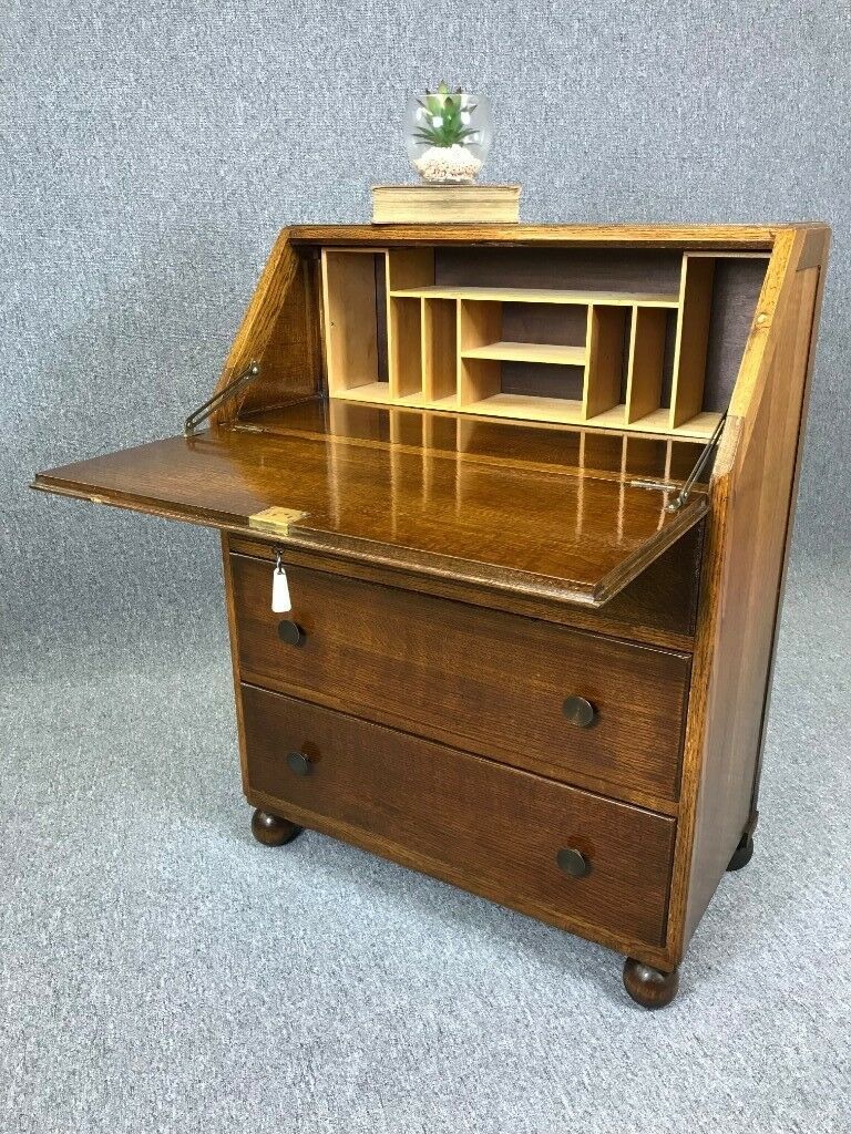 Oak Bureau 1940's Writing Desk With Drawers Vintage – Delivery Intended For Reclaimed Oak Leaning Writing Desks (View 6 of 15)