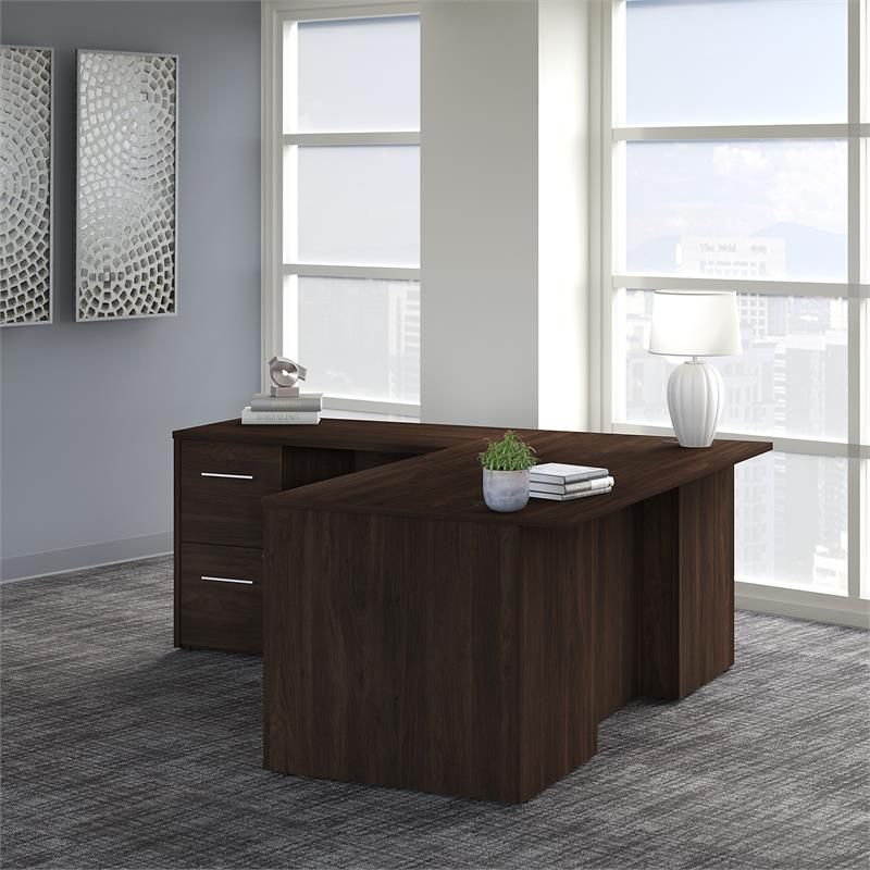 Office 500 72w L Shaped Desk With Drawers In Black Walnut – Engineered Regarding Black Glass And Natural Wood Office Desks (Photo 7 of 15)