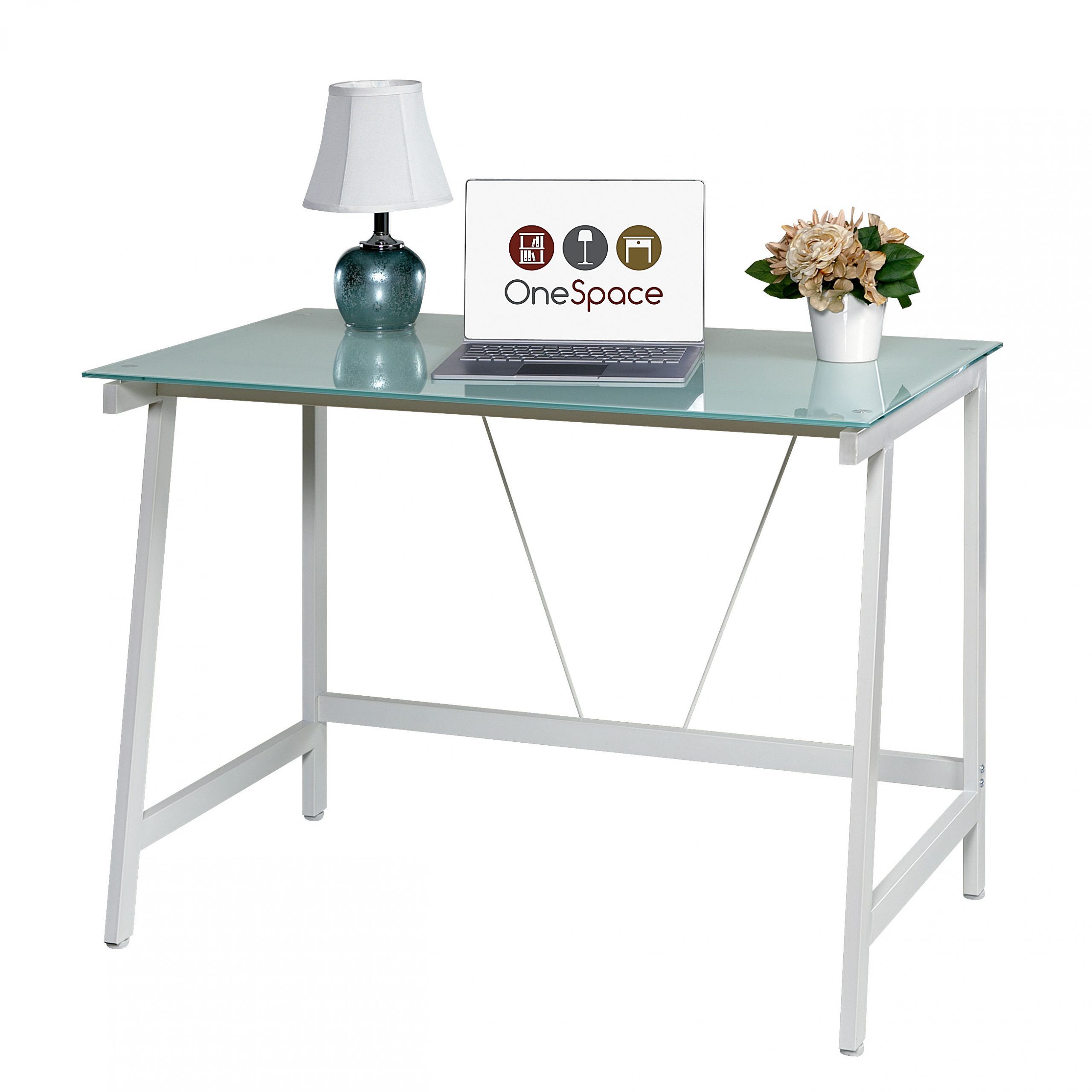 Onespace 50 Hd0107 Contemporary Glass Writing Desk, Steel Frame, White Inside Glass And Walnut Modern Writing Desks (View 12 of 15)
