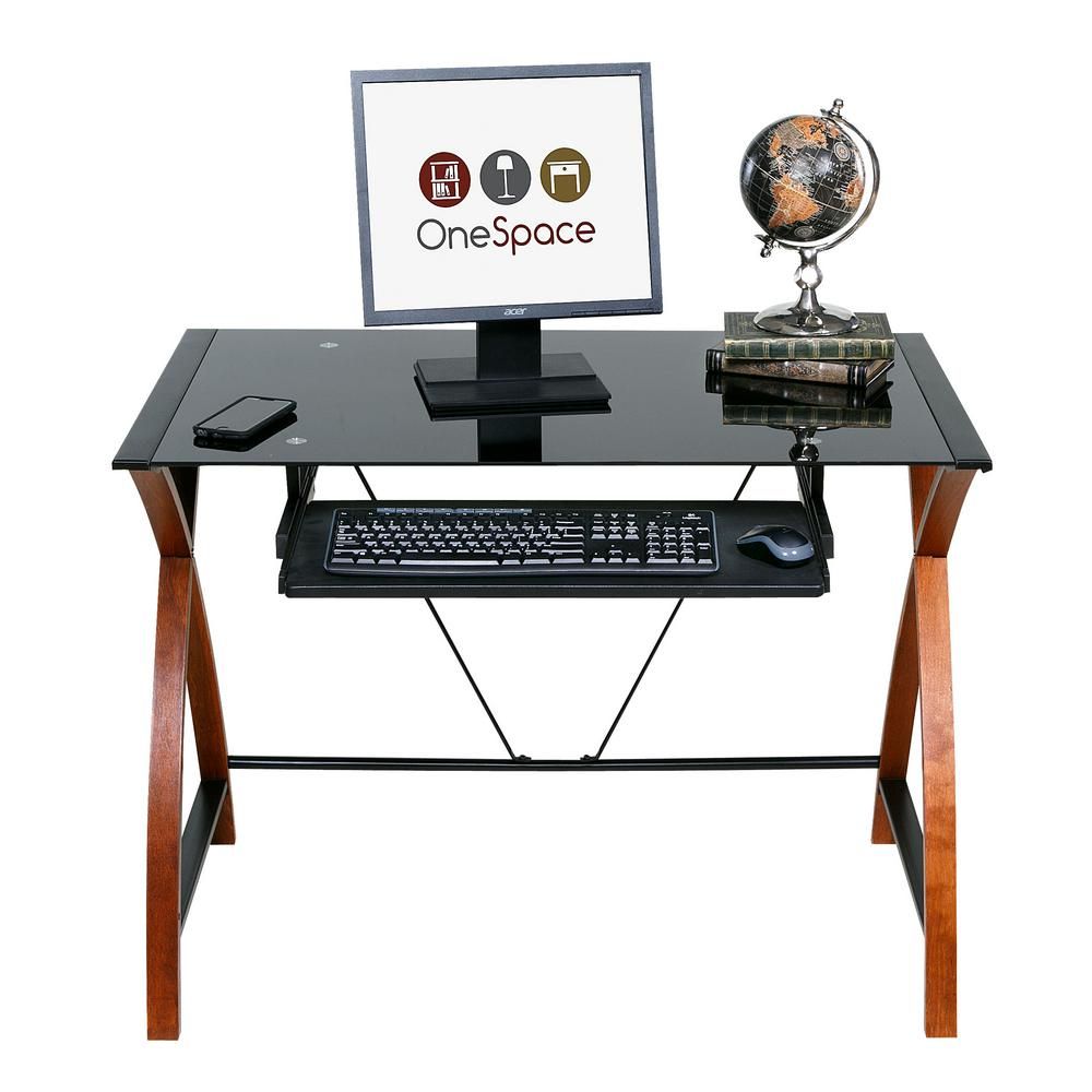 Onespace Black Glass And Wood Computer Desk With Pullout Keyboard Tray With Wood And Metal Keyboard Tray Computer Desks (Photo 15 of 15)