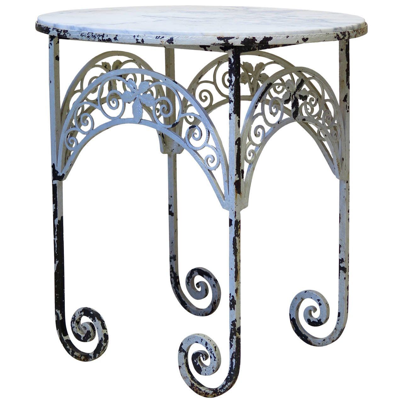 Oval Art Deco Wrought Iron And Marble Side Table, France, Circa 1920s In Iron And White Marble Desks (View 7 of 15)
