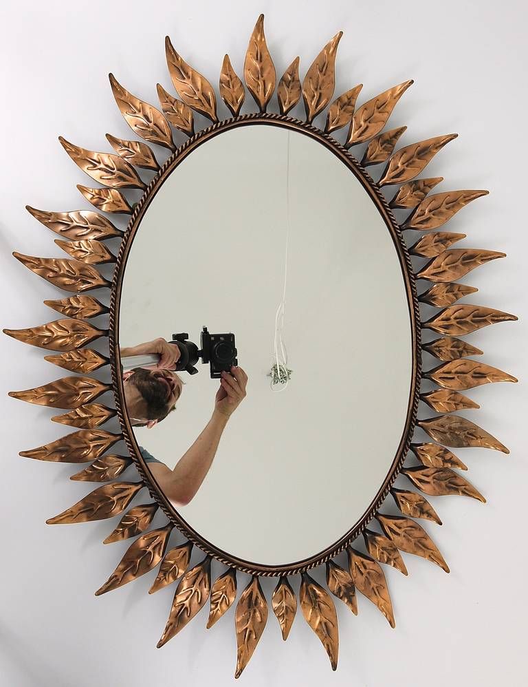 Oval French Copper Sunburst Wall Mirror With Leaves, 1970´s At 1stdibs With Regard To Carstens Sunburst Leaves Wall Mirrors (View 12 of 15)