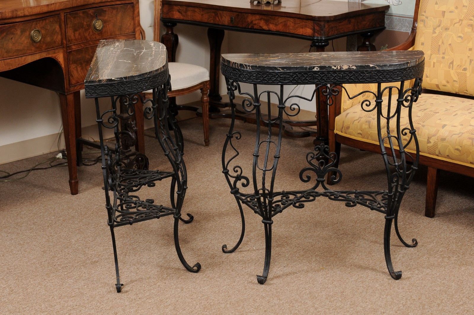 Pair Of Iron Console Tables With Cabriole Legs, Scroll Detail, & Black With Regard To Iron And White Marble Desks (View 2 of 15)