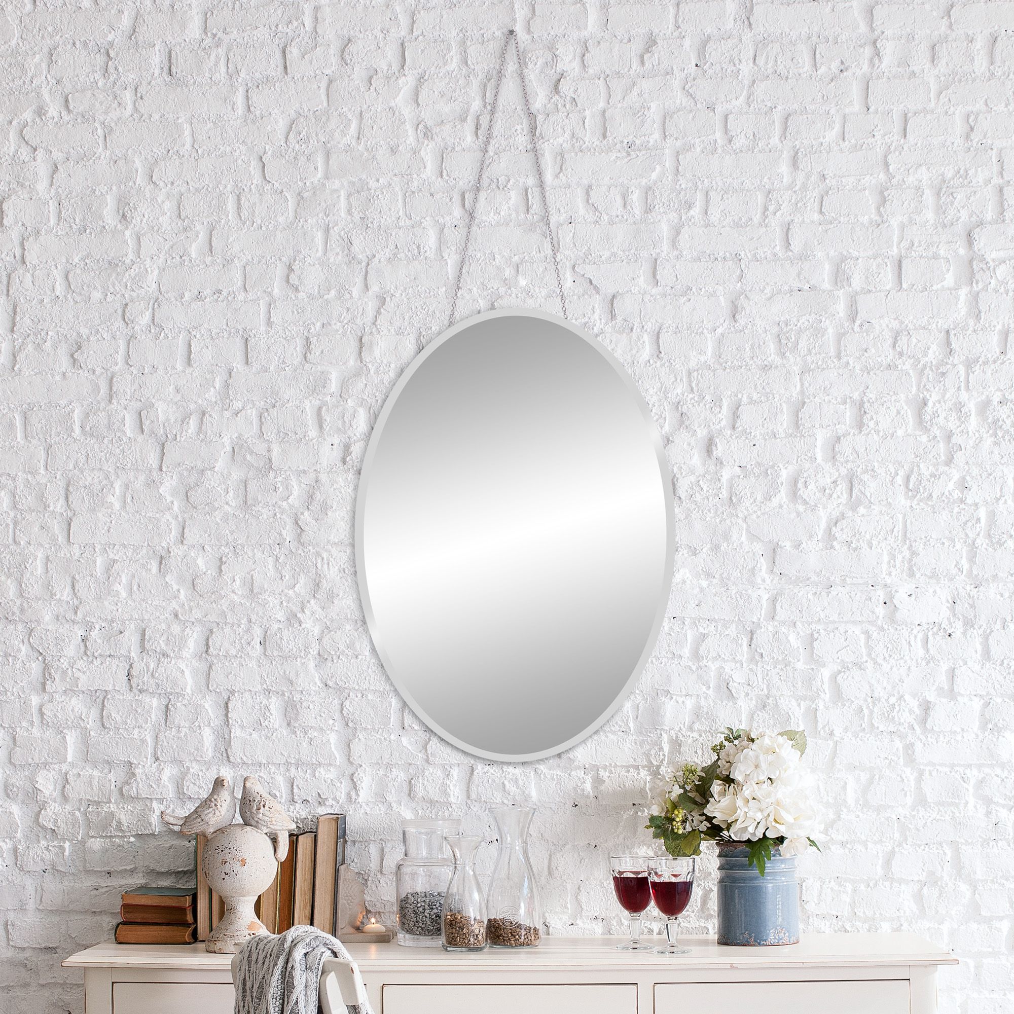 Patton Wall Decor 17x24 Frameless Beveled Oval Mirror With Hanging Pertaining To Thornbury Oval Bevel Frameless Wall Mirrors (Photo 5 of 15)