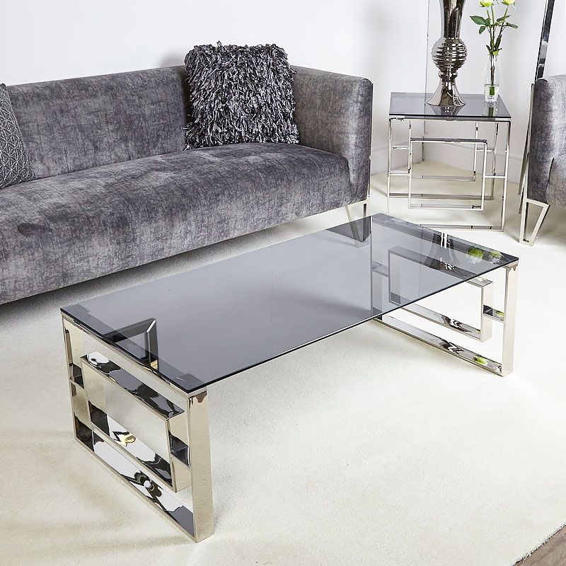 Plaza Contemporary Stainless Steel Smoked Glass Lounge Coffee Table With Regard To Stainless Steel And Glass Modern Desks (View 5 of 15)