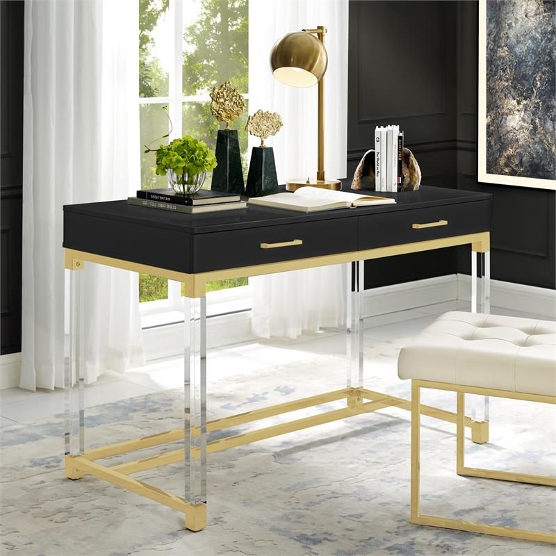 Posh Briar 2 Drawer Metal Writing Desk With Acrylic Legs In Black/gold Throughout Tempered Glass And Gold Metal Office Desks (View 6 of 15)