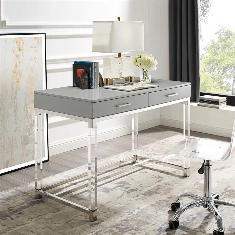 Posh Briar 2 Drawer Metal Writing Desk With Acrylic Legs In Light Gray Regarding White Wood Modern Writing Desks (View 7 of 15)