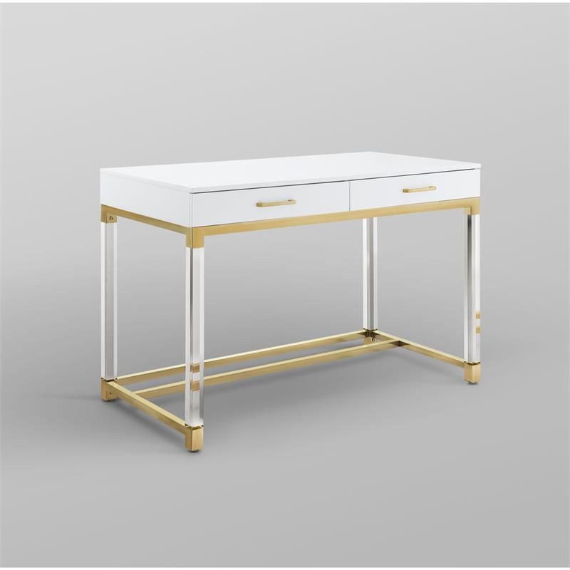 Posh Briar 2 Drawer Metal Writing Desk With Acrylic Legs In White/gold Inside Lacquer And Gold Writing Desks (View 11 of 15)
