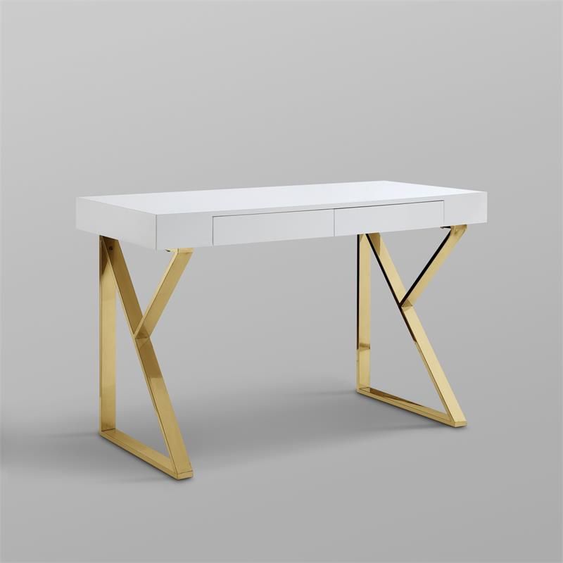 Posh Dianna 2 Drawer Writing Desk With Stainless Steel Legs In White For White And Gold Writing Desks (View 15 of 15)