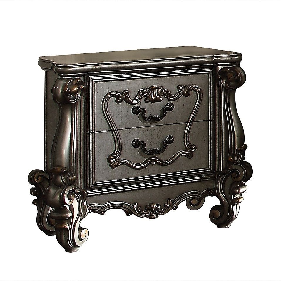 Raised Scrolled Trim 2 Drawer Wooden Nightstand In Antique Platinum Intended For Brushed Antique Gray 2 Drawer Wood Desks (Photo 12 of 15)
