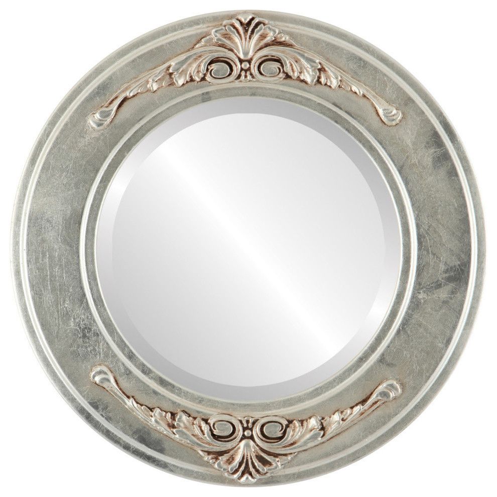 Ramino Framed Round Mirror In Silver Leaf With Brown Antique Pertaining To Metallic Gold Leaf Wall Mirrors (View 8 of 15)