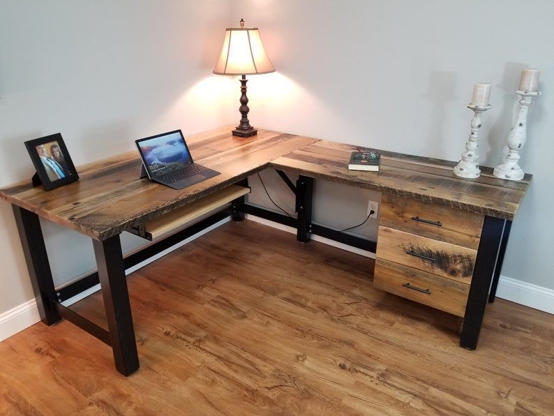 Reclaimed Computer Desk, Rustic Corner Desk, Barnwood Office Desk Regarding Black Wood And Metal Office Desks (View 5 of 15)