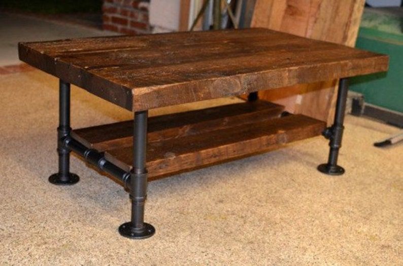 Reclaimed Solid Wood & Iron Pipe Coffee Table | Etsy Throughout Espresso Wood And Black Metal Desks (View 6 of 15)