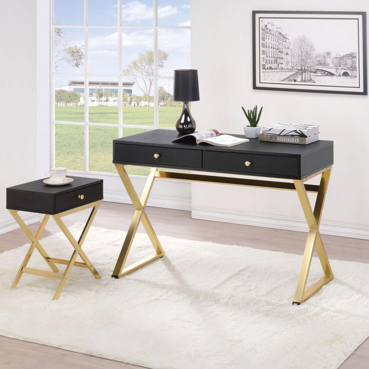 Rectangular Two Drawer Wooden Desk With "x" Shape Metal Legs, Black And Intended For Gold Metal Rectangular Writing Desks (View 5 of 15)