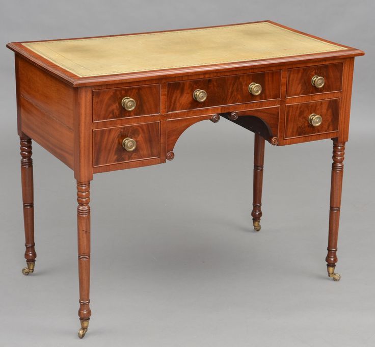 Regency Mahogany Kneehole Ladies Writing Desk With Very Faded Gold Gilt Regarding Gold And Wood Glam Modern Writing Desks (View 12 of 15)