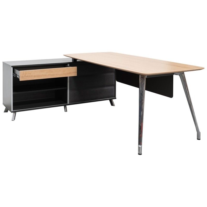 Reynolds Executive Office Desk, Left Return, 200cm, Natural / Black Regarding Natural Wood And Black 2 Shelf Desks (View 2 of 15)