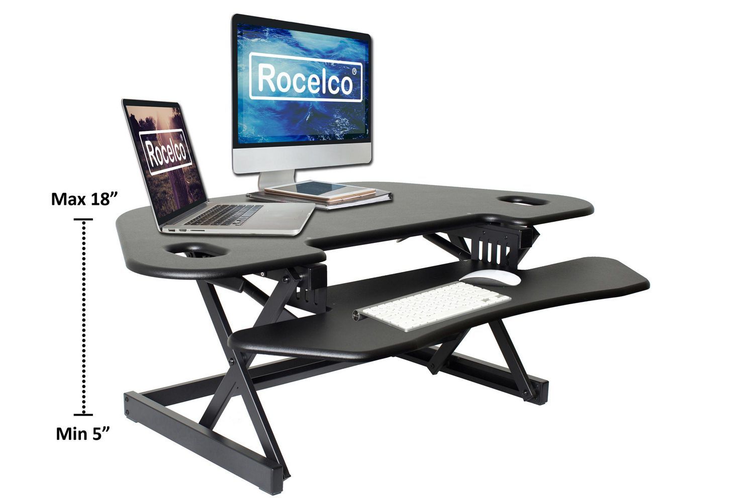 Rocelco 46" Height Adjustable Corner Standing Desk Converter – Quick With Matte Black Corner Desks With Keyboard Shelf (View 14 of 15)