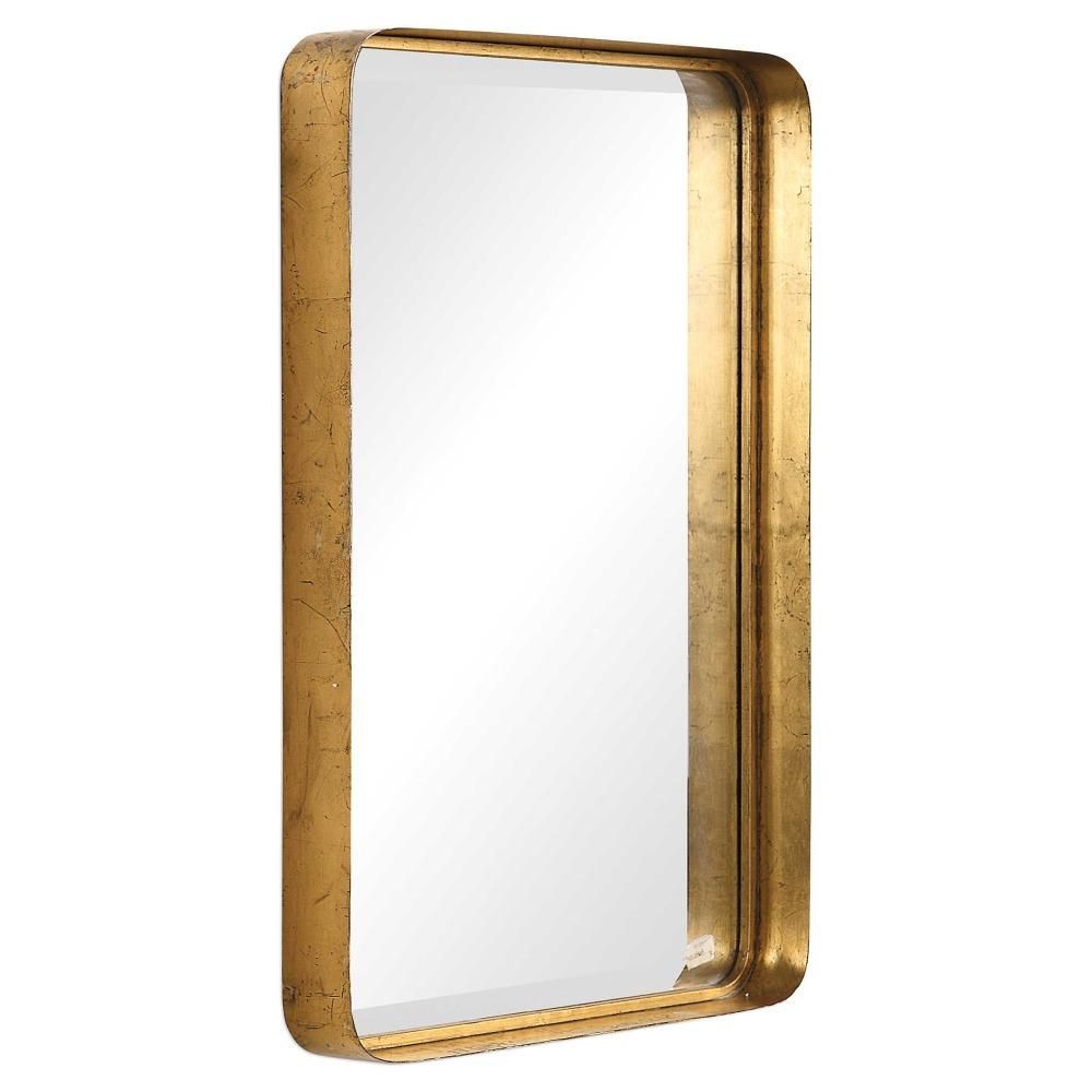 Rofel Modern Classic Gold Metal Strap Wall Mirror | Kathy Kuo Home Within Gold Modern Luxe Wall Mirrors (View 7 of 15)