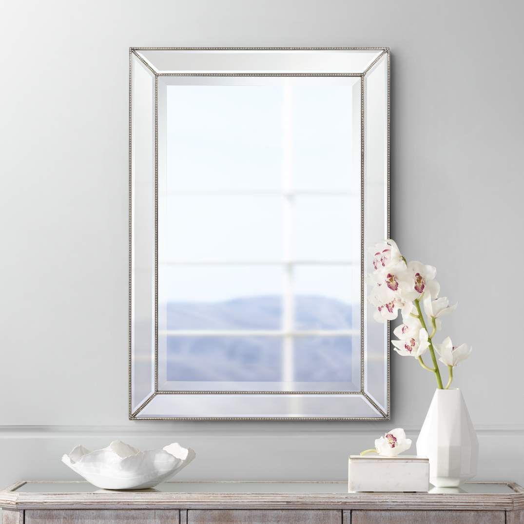 Roseau Silver Pewter 24" X 34" Beaded Wall Mirror – #1w988 | Lamps Plus For Silver Beaded Square Wall Mirrors (Photo 5 of 15)